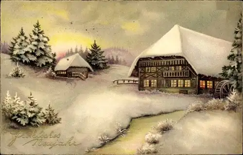 Ak Glückwunsch Neujahr, Haus, Fluss, Wassermühle