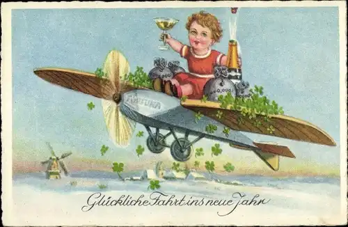 Ak Glückwunsch Neujahr, Junge, Flugzeug, Windmühle, Geldsäcke, Glücksklee