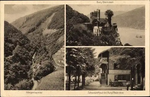 Ak Trechtingshausen in Rheinland Pfalz, Burg Rheinstein, Schweizerhaus, Morgenbachthal