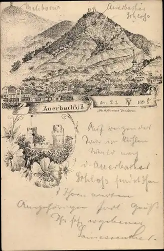 Litho Auerbach Bensheim an der Bergstraße Hessen, Totalansicht der Ortschaft, Burg