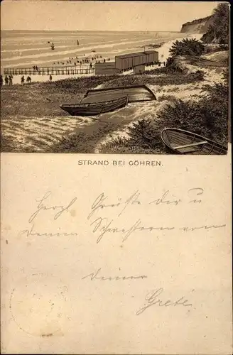 Vorläufer Litho Ostseebad Göhren auf Rügen, Strandpartie, Ruderboote am Ufer, 1887