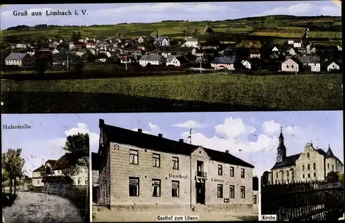 Ak Limbach im Vogtland, Gesamtansicht, Gasthof z. Löwen, Kirche, Haltestelle