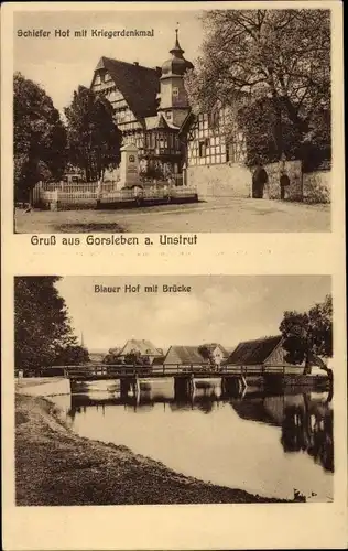 Ak Gorsleben an der Unstrut Kyffhäuserkreis, Kriegerdenkmal, Blauer Hof, Brücke