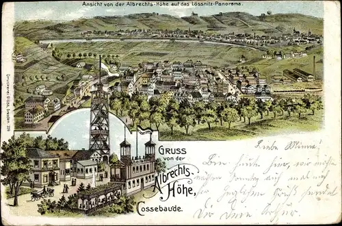 Litho Dresden Cossebaude, Albrechtshöhe, Aussichtsturm, Lössnitz Panorama