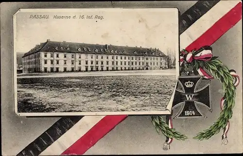 Passepartout Ak Passau in Niederbayern, Kaserne 16. Infanterie Regiment, Eisernes Kreuz