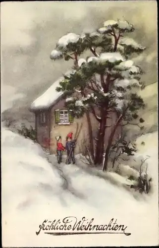 Ak Glückwunsch Weihnachten, Skifahrer vor einem Haus