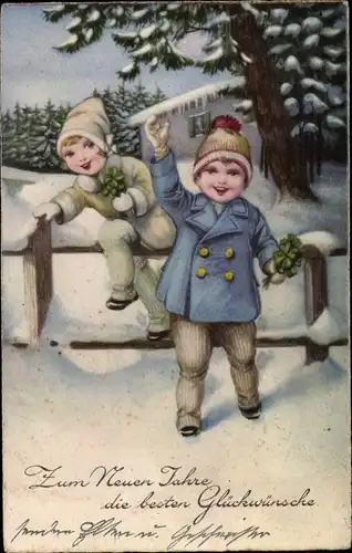 Ak Glückwunsch Neujahr, Zwei Kinder mit Kleeblättern