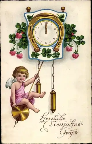 Ak Glückwunsch Neujahr, Engel auf dem Pendel einer Uhr, Kleeblätter, Hufeisen