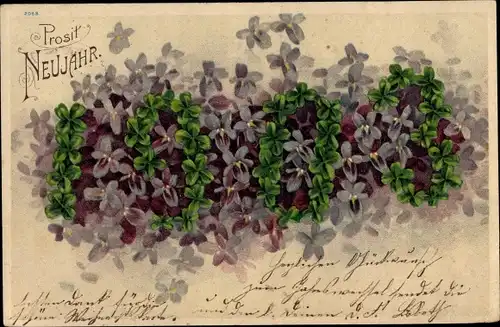 Litho Glückwunsch Neujahr, Jahreszahl 1903, Kleeblätter, Veilchen