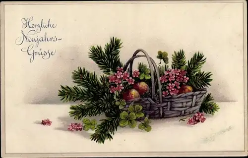 Ak Glückwunsch Neujahr, Korb mit Äpfeln, Tannenzweige, Kleeblätter