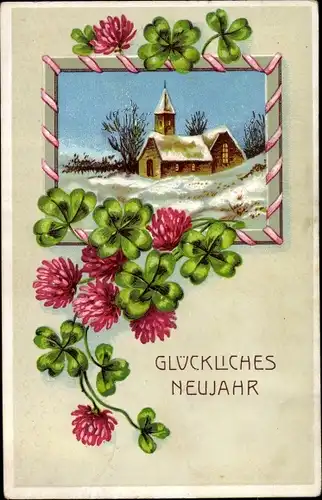 Ak Glückwunsch Neujahr, Kirche im Schnee, Kleeblätter