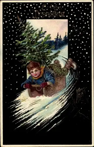 Präge Litho Glückwunsch Weihnachten, Junge mit Tannenbaum auf einem Schlitten