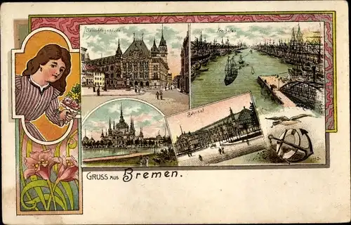 Jugendstil Litho Hansestadt Bremen, Gerichtsgebäude, Freihafen, Bahnhof