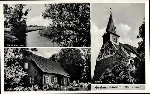 Ak Stotel Loxstedt in Niedersachsen, Kirche, Jugendheim, Lune