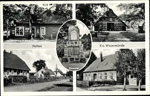 Ak Hollen Beverstedt in Niedersachsen, Ehrenmal, Schule, Straße, GeschäftshausH. Schmonsee