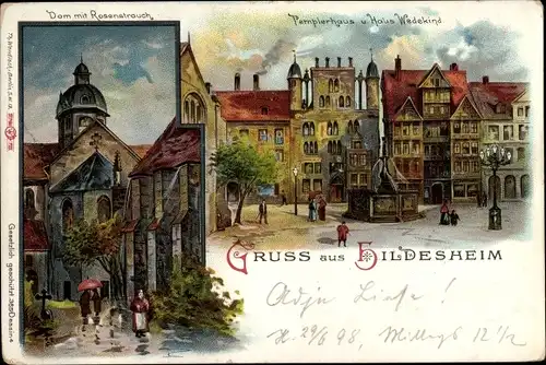 Litho Hildesheim in Niedersachsen, Dom mit Rosenstrauch, Templerhaus und Haus Wedekind
