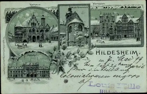 Mondschein Winter Litho Hildesheim in Niedersachsen, Bahnhof Front, Marktplatz, Rathaus, Rosenstock