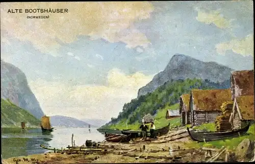 Künstler Ak Meinzolt, Georg M., Norwegen, Alte Bootshäuser