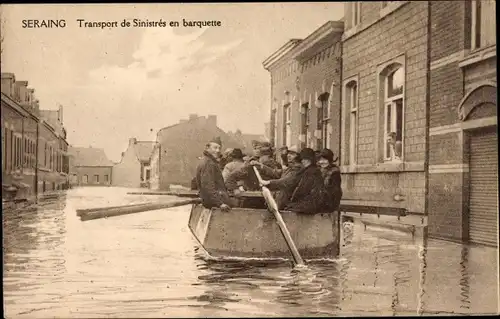 Ak Seraing Wallonien Lüttich, Transport de Sinistres en barquette, Hochwasser