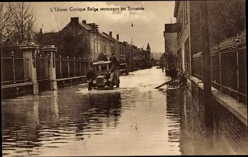 Ak Seraing Wallonien Lüttich, L'Union Civique Belge secourant les Sinistres, Hochwasser