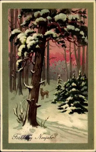 Ak Glückwunsch Neujahr, Reh im Tannenwald, Winter