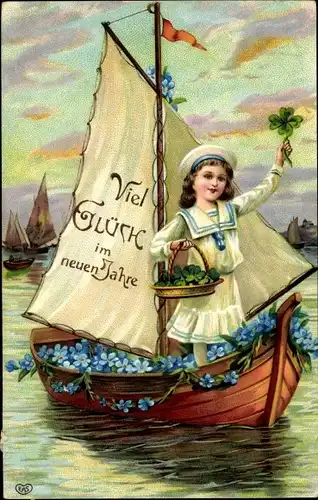 Ak Glückwunsch Neujahr, Mädchen im Segelboot, Kleeblätter, Vergissmeinnicht