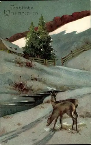 Ak Frohe Weihnachten, Winterlandschaft, Rehe