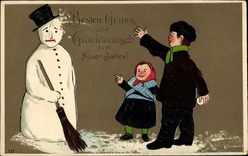 Ak Glückwunsch Neujahr, Kinder bewerfen Schneemann mit Schneebällen