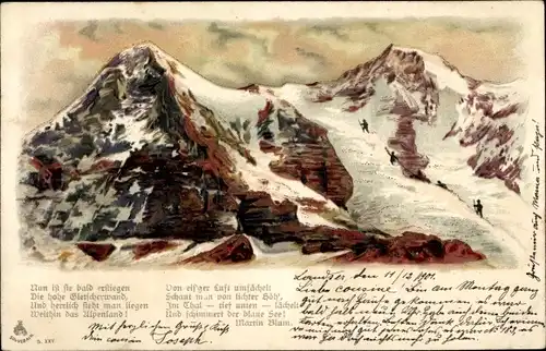 Gedicht Litho Martin Blum, Nun ist sie bald erstiegen, Bergsteiger im Gebirge