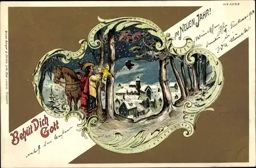 Litho Glückwunsch Neujahr, Trompeter von Säckingen, Behüt Dich Gott