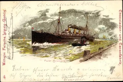 Litho HAPAG Dampfer Fürst Bismarck, Passagierschiff, Reklame, Schokoladenfabrik Wilhelm Fleische