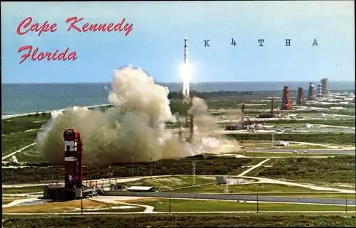 Ak Florida USA, QSL Funkerkarte, K4THA, Jim Roux, Cape Kennedy, USAF Martin's Titan at blast off