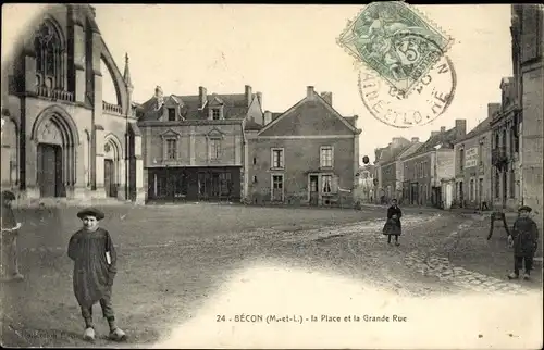 Ak Bécon les Granits Maine et Loire, La Place et la Grande Rue