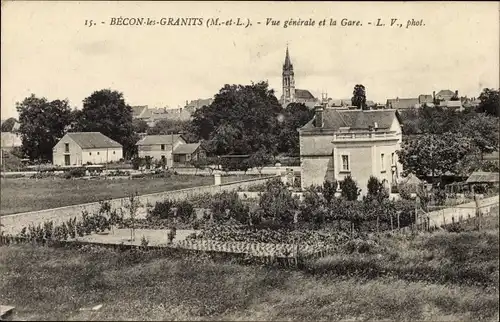 Ak Bécon les Granits Maine et Loire, Vue generale et la Gare