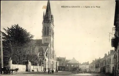 Ak Bécon les Granits Maine et Loire, Eglise et la Place