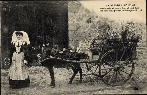 Ak Haute Vienne Frankreich, Lo Pito Limouzino, Frau in Tracht, Esel