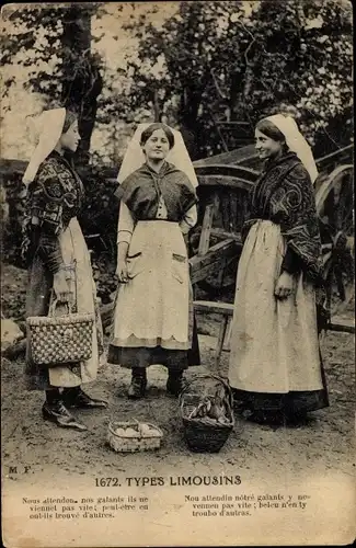 Ak Haute Vienne Frankreich, Types Limousins, Frau in Tracht, Körbe, Gespräch