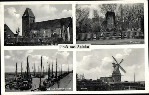 Ak Spieka Wurster Nordseeküste. Mühle, Kirche, Ehrenmal, Partie am Dornumer Tief, Fischerboote