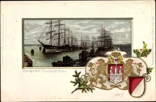 Präge Wappen Litho Hamburg, Blick auf den Hafen, Segelschiffe