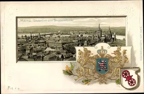 Präge Wappen Litho Mainz am Rhein, Totale vom Stephansturm