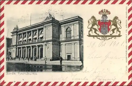 Präge Wappen Passepartout Litho Hamburg, Börse