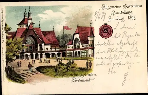 Litho Hamburg, Allg. Gartenbau Ausstellung 1897, Hauptausstellungsgebäude, Restaurant