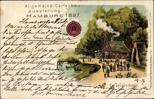 Litho Hamburg Mitte Altstadt, Gartenbauausstellung 1897, Zur Waldschenke