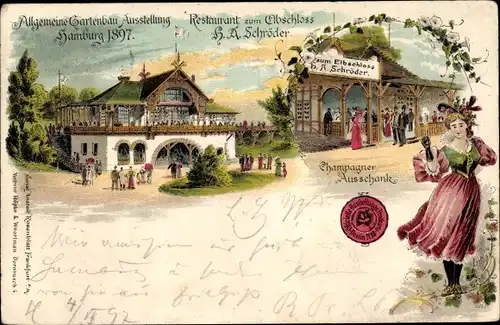 Litho Hamburg Mitte Altstadt, Allgemeine Gartenbau Ausstellung 1897, Restaurant zum Elbschloss