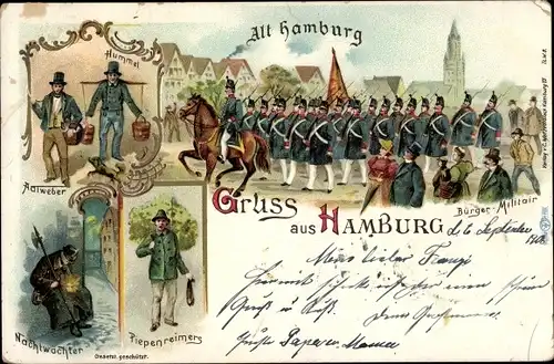 Litho Hamburg, Bürger Militär, Hummel, Aalweber, Nachtwächter, Piepenreimers