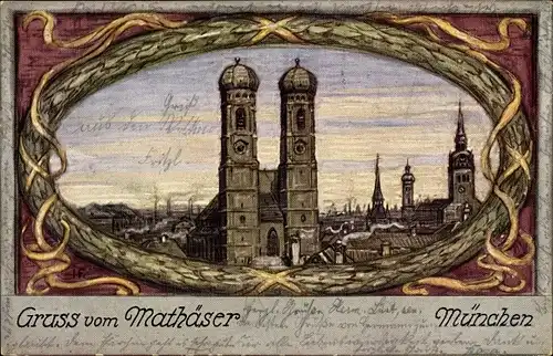 Passepartout Künstler Ak München, Partie am Mathäser, Teilansicht der Stadt, Frauenkirche