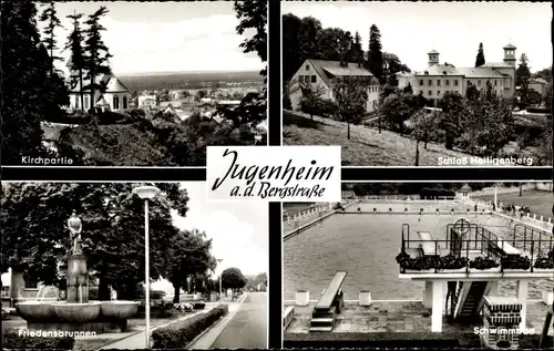 Ak Jugenheim an der Bergstrasse Hessen, Kirchpartie, Schloss Heiligenberg, Schwimmbad, Brunnen