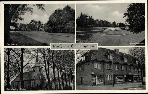 Ak Hamburg Wandsbek Sasel, Schwimmbad, Geschäftshaus, Burgstedter Kirche