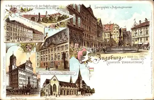 Litho Augsburg in Schwaben, Ludwigsplatz, Augustusbrunnen, Fuggerhaus, Rathaus, Dom