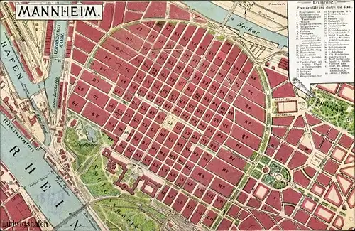 Stadtplan Ak Mannheim, Straßenplan, Rhein, Hafen, Schlossgarten, Luisenpark